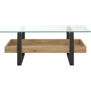 SAFAVIEH Home Collection – Auberon Glass Top Rectangular Coffee Table with Lower Wood Shelf, Modern Industrial Design (COF7015A)(Glass/Natural)