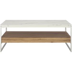 SAFAVIEH Home Collection – Aurelian White Faux Marble Rectangular Coffee Table with Lower Wood Shelf, Modern Design (COF7016A)(White Faux Marble/Natural)