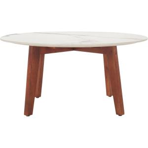 SAFAVIEH Home Collection – Ulmani White Faux Marble Round Top & Walnut Brown Solid Wood Base Coffee Table, Fully Assembled (COF2901A)(White Ceramic Faux Marble)