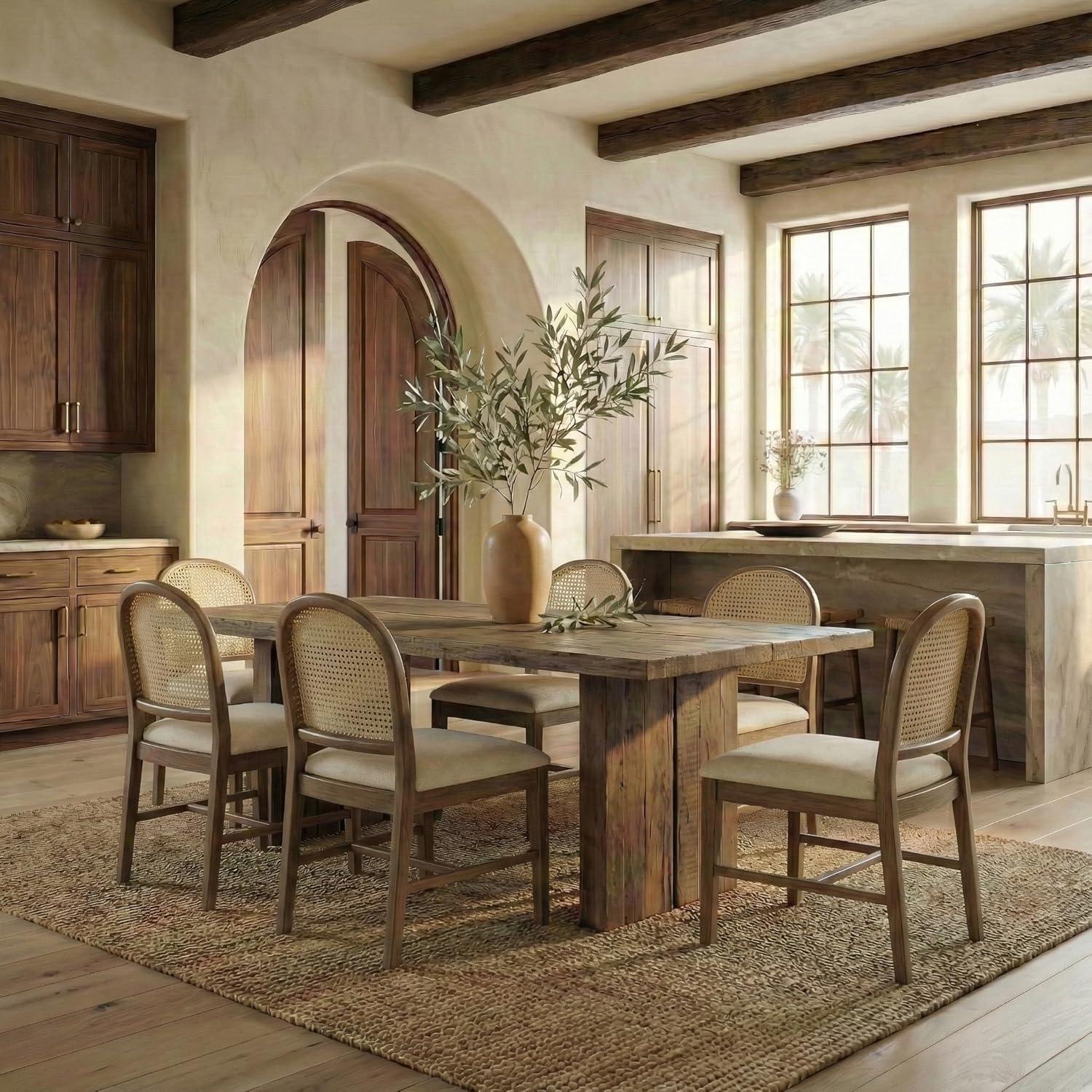 image:imageSAFAVIEH Couture Laylie Dining Chair Set of 2 Medium Oak Solid Wood amp Cane Rattan Weave with White Cushion Fully Assembled Ideal for Dining Room Kitchen 18 Seat Height SFV1607FSET2