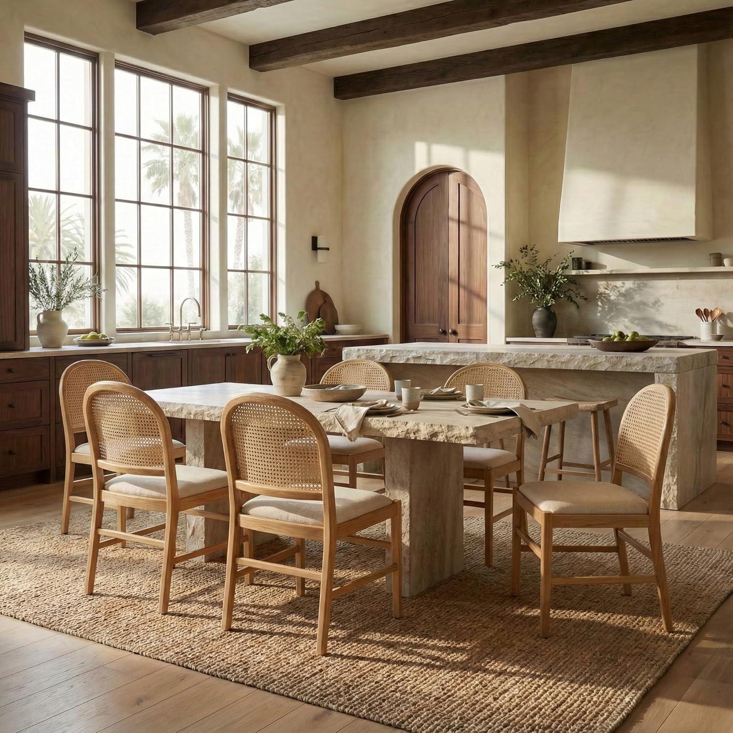 image:imageSAFAVIEH Couture Laylie Dining Chair Set of 2 Natural Solid Wood amp Cane Rattan Weave with White Cushion Fully Assembled Ideal for Dining Room Kitchen 18 Seat Height SFV1607ESET2