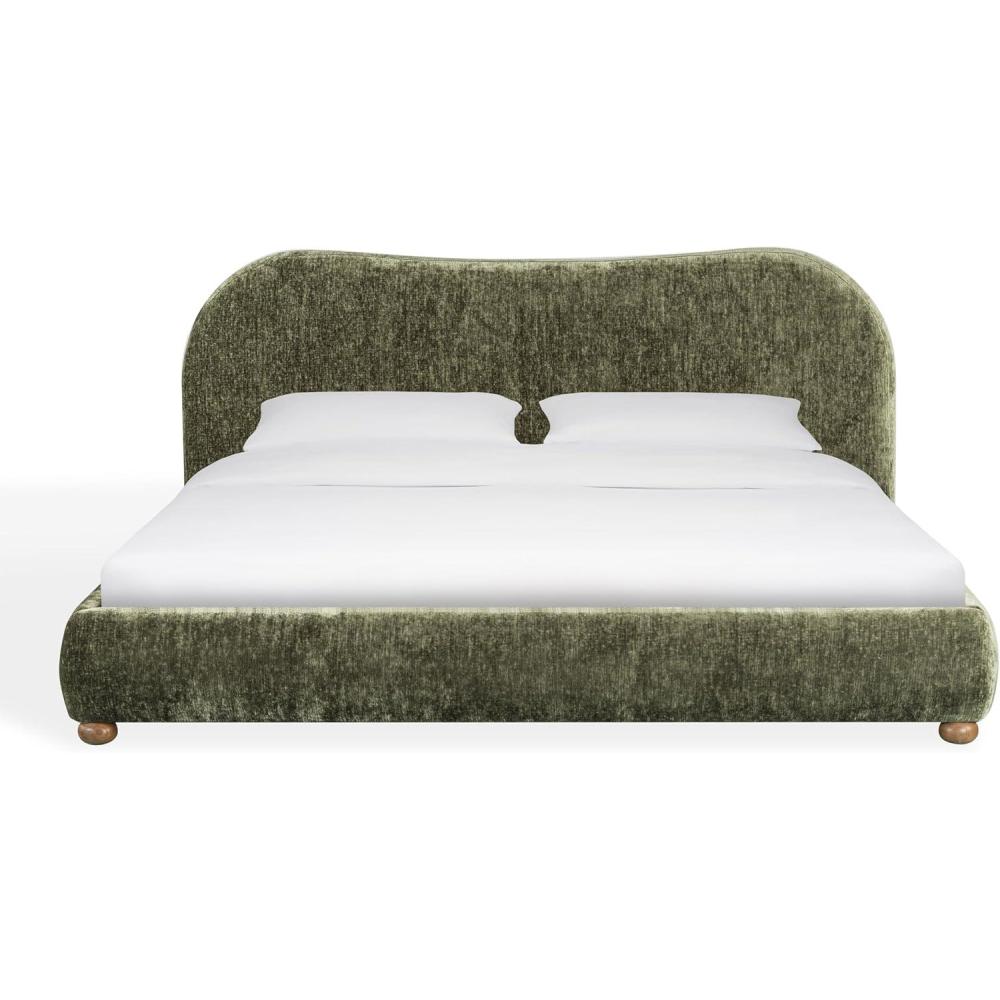 image:imageSAFAVIEH Couture  Beccarose King Bed  Contemporary Design  Dark Green Chenille amp Walnut Legs  Ideal for Bedroom Guest Room 86 W x 88 D x 45 H SFV4811HK