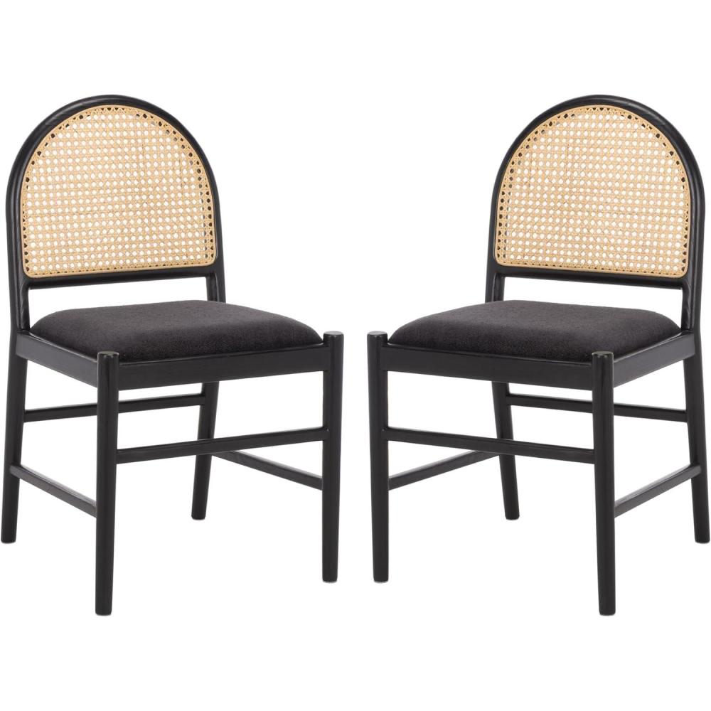 image:imageSAFAVIEH Couture Laylie Dining Chair Set of 2 Black Solid Wood amp Cushion with Natural Cane Rattan Weave Fully Assembled Ideal for Dining Room Kitchen 18 Seat Height SFV1607DSET2