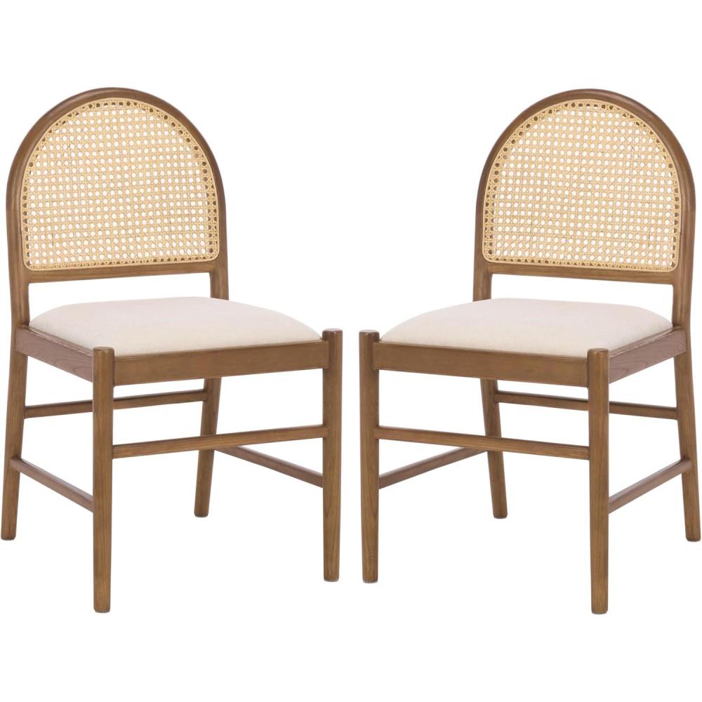 image:imageSAFAVIEH Couture Laylie Dining Chair Set of 2 Medium Oak Solid Wood amp Cane Rattan Weave with White Cushion Fully Assembled Ideal for Dining Room Kitchen 18 Seat Height SFV1607FSET2
