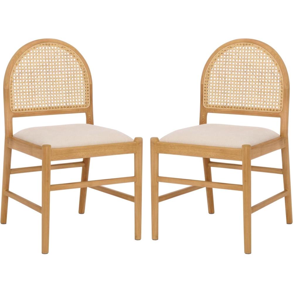 image:imageSAFAVIEH Couture Laylie Dining Chair Set of 2 Natural Solid Wood amp Cane Rattan Weave with White Cushion Fully Assembled Ideal for Dining Room Kitchen 18 Seat Height SFV1607ESET2