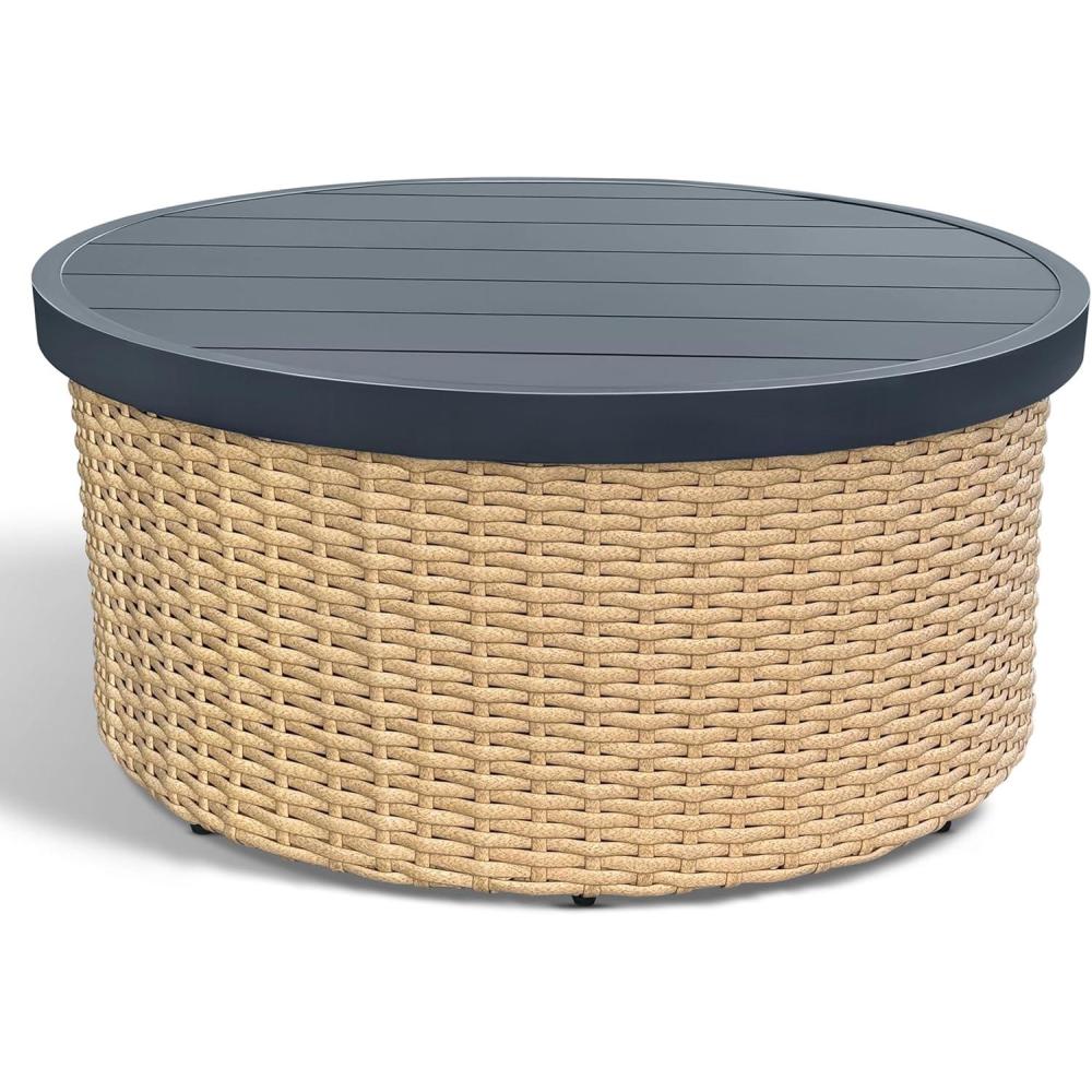 image:imageSAFAVIEH Couture Outdoor Cleandra Storage Coffee Table Natural amp Black Aluminum Weather Resistant Fully Assembled Ideal for Deck Patio Backyard 36 W x 36 D x 16 H CPT4017ANaturalBlack