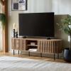 SAFAVIEH Furniture – Kiyoshi Media Stand for TVs up to 75″ – Oak & Black 5-Shelf Entertainment Media Console with Slatted Doors, Modern Storage Cabinet (MED3600A)(Oak/Black)