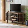 SAFAVIEH Furniture – Marami Oval Media Stand for TVs up to 50″ – Walnut & Black Modern Entertainment Console with Open Shelving and Slatted Sides (MED3602A)(Walnut/Black)