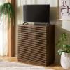SAFAVIEH Furniture – Moroto Media Stand for TVs up to 35″ – Walnut 2-Door Modern Sideboard Storage Cabinet Console with Slatted Doors & Interior Shelving (MED3607A)(Walnut)