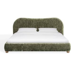 SAFAVIEH Couture – Beccarose Queen Bed – Contemporary Design – Dark Green Chenille & Walnut Legs – Ideal for Bedroom, Guest Room, 70.5″ W x 88″ D x 45″ H (SFV4811H-Q)