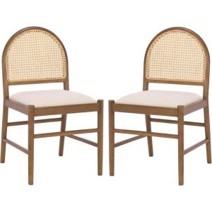 SAFAVIEH Couture – Laylie Dining Chair Set of 2 – Medium Oak Solid Wood & Cane Rattan Weave with White Cushion – Fully Assembled – Ideal for Dining Room, Kitchen, 18″ Seat Height (SFV1607F-SET2)