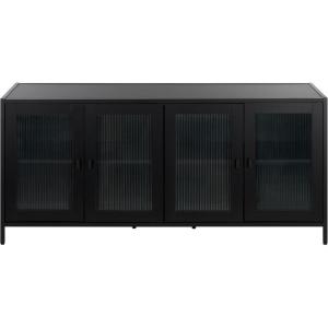 SAFAVIEH Furniture – Donahue Media Stand for TVs up to 65″ – Black & Clear 4-Door Entertainment Media Console with Glass Panel Storage for Living Room, Bedroom (MED3126A)(Black/Clear)