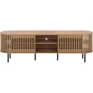 SAFAVIEH Furniture – Kiyoshi Media Stand for TVs up to 75″ – Oak & Black 5-Shelf Entertainment Media Console with Slatted Doors, Modern Storage Cabinet (MED3600A)(Oak/Black)