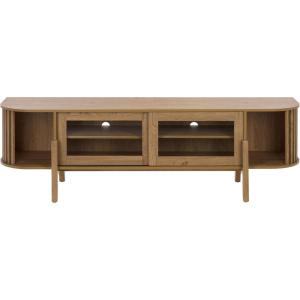 SAFAVIEH Furniture – Tomori Media Stand for TVs up to 75″ – Oak 2-Door Modern Entertainment Console with Open Shelving and Storage (MED3603A)(Oak)
