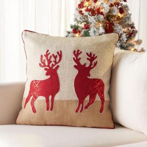SAFAVIEH Home Collection Holiday Reindeer Rustic Beige/Red Cotton 20-inch Square Decorative Accent Insert Throw Pillow