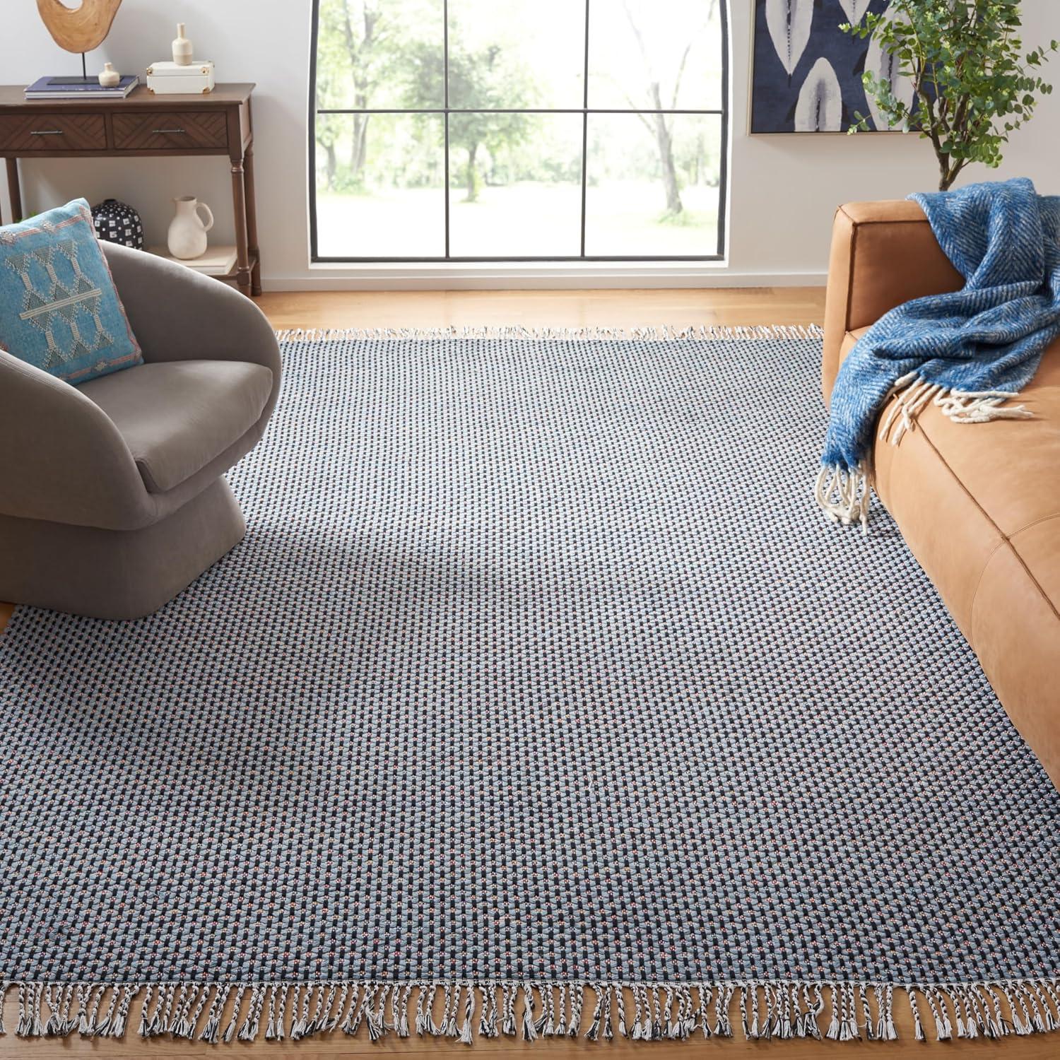 image:imageSAFAVIEH Area Rug 8x10 Montauk Collection Large Beige amp Black Handmade Flat Weave Cotton Ideal for Living Room Bedroom Office Dining Space MTK475BBlueBlack