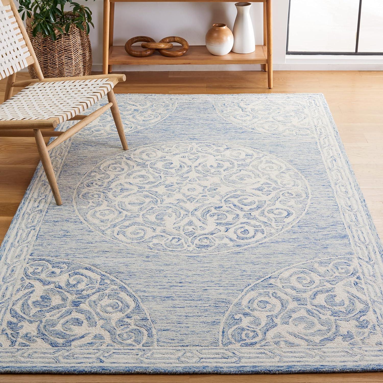 image:imageSAFAVIEH Area Rug 8x10 Natural Fiber Collection Large Natural amp Ivory Handmade Jute amp Wool Flat Weave Farmhouse Rustic Boho Fringe Design Ideal for Living Room Bedroom Dining Space NF377ABlueIvory