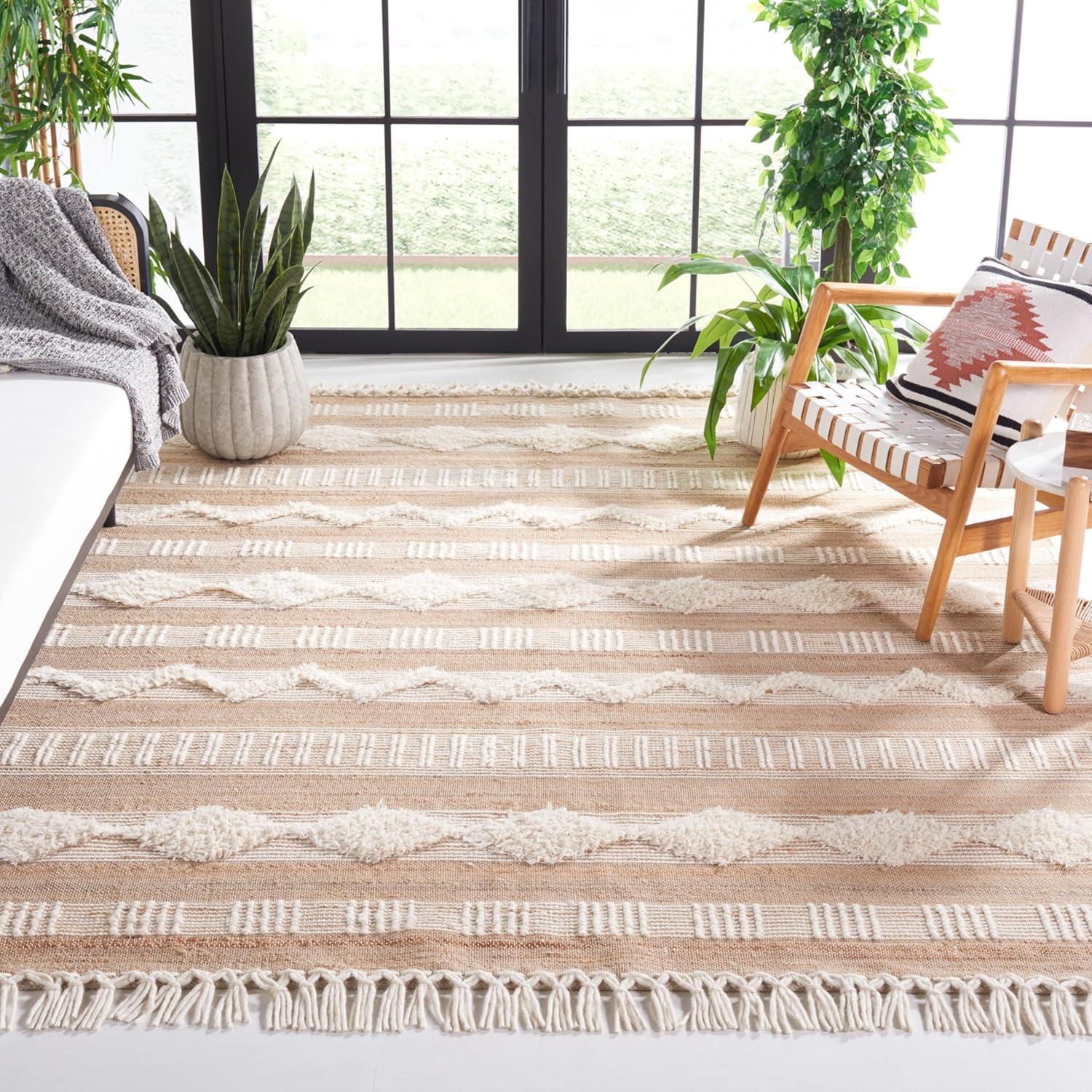 image:imageSAFAVIEH Area Rug 8x10 Natural Fiber Collection Large Natural amp Ivory Handmade Jute amp Wool Flat Weave Farmhouse Rustic Boho Fringe Design Ideal for Living Room Bedroom Dining Space NF377ANaturalIvory