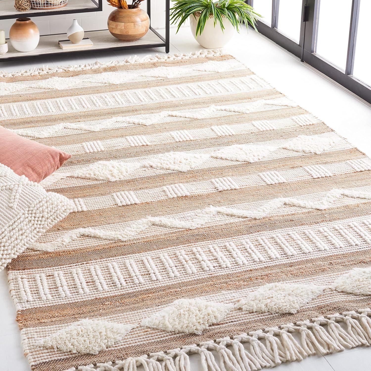 image:imageSAFAVIEH Area Rug 8x10 Natural Fiber Collection Large Natural amp Ivory Handmade Jute amp Wool Flat Weave Farmhouse Rustic Boho Fringe Design Ideal for Living Room Bedroom Dining Space NF377ANaturalIvory