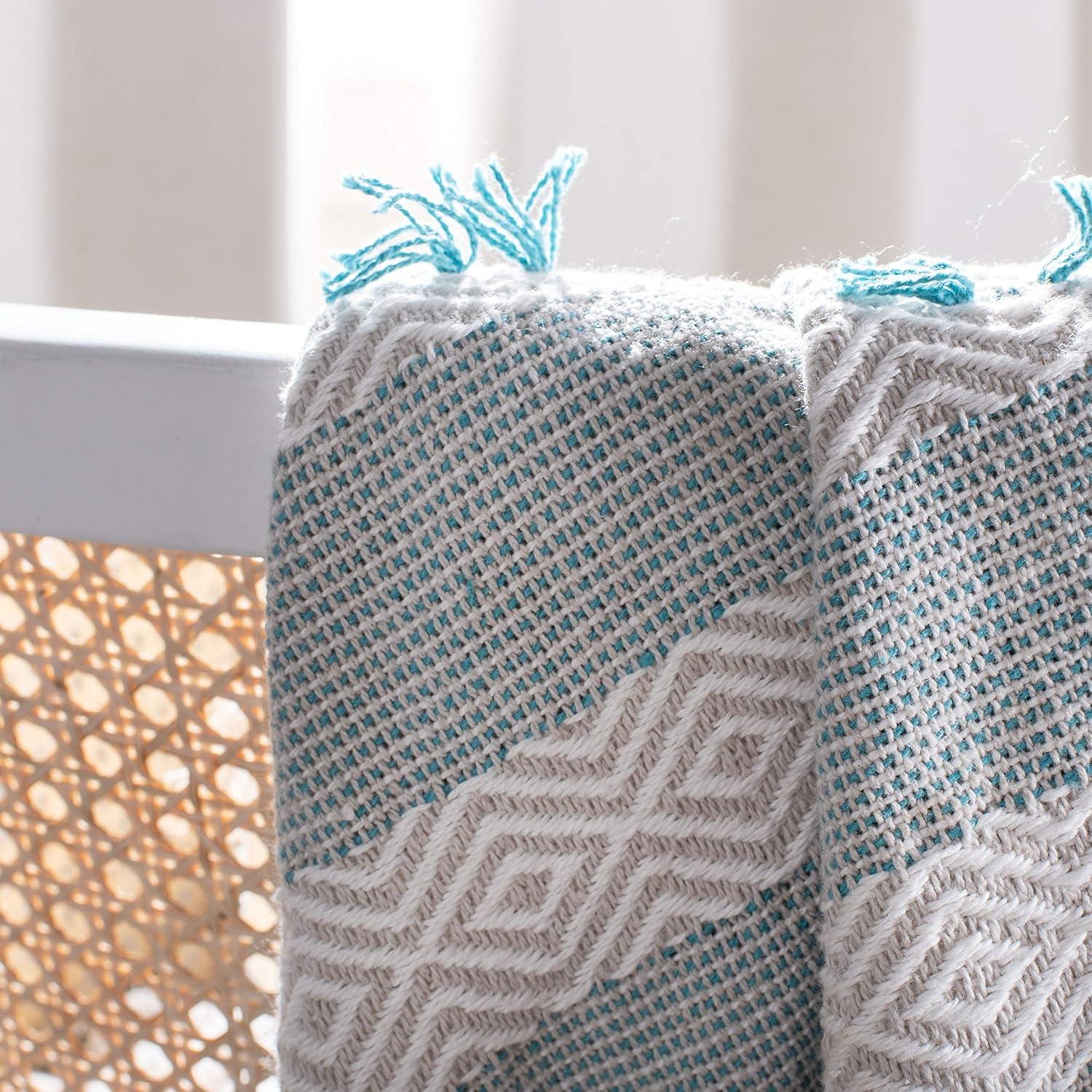 image:imageSAFAVIEH Home Billi Whimsy Beige and Teal Fringe Throw Blanket BeigeTeal 50 x 60