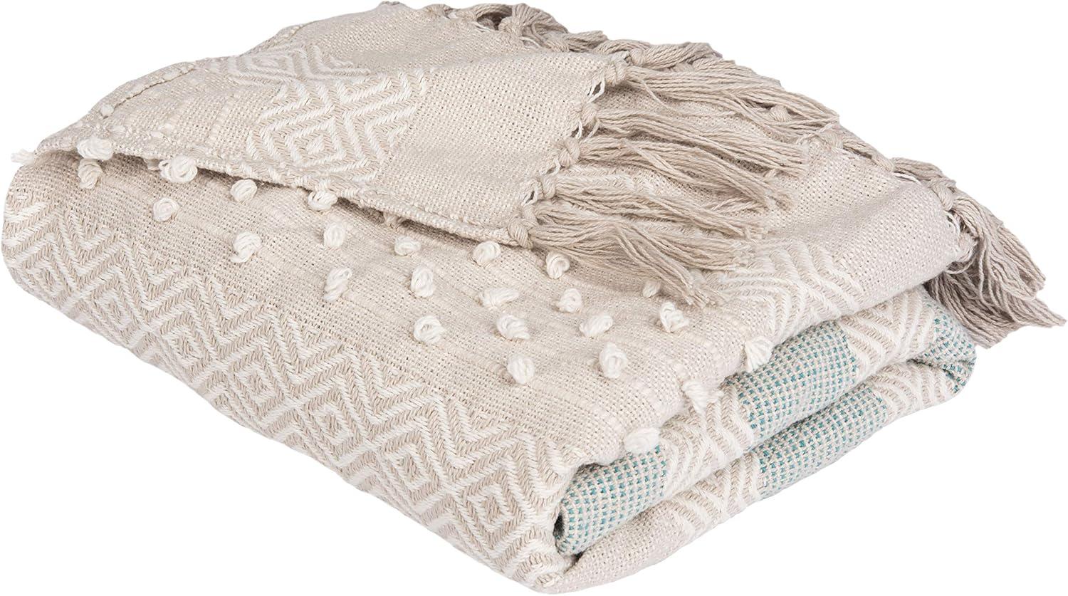 image:imageSAFAVIEH Home Billi Whimsy Beige and Teal Fringe Throw Blanket BeigeTeal 50 x 60