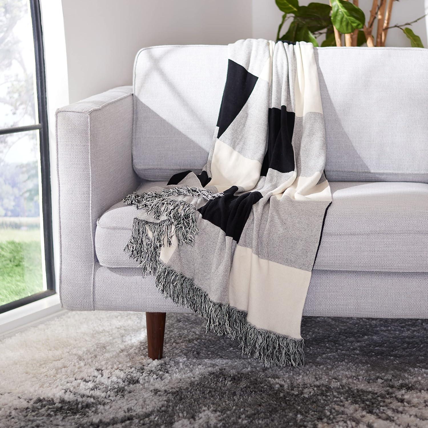 image:imageSAFAVIEH Home Collection Buruma BlackBeige 50 x 60inch Modern Fringe Decorative Cotton Throw Blanket for Sofa Chaise Lounge Club Chair Living Room Bedroom