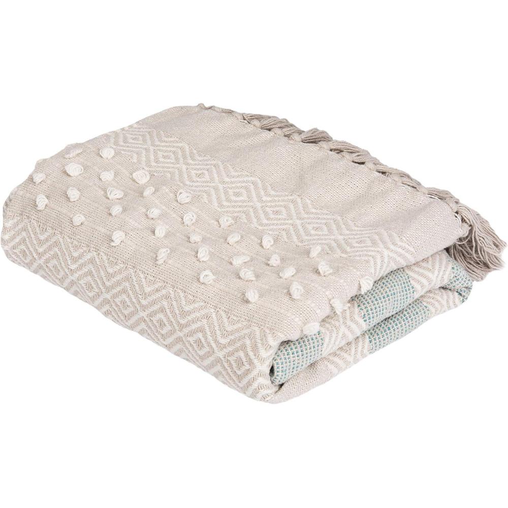 image:imageSAFAVIEH Home Billi Whimsy Beige and Teal Fringe Throw Blanket BeigeTeal 50 x 60