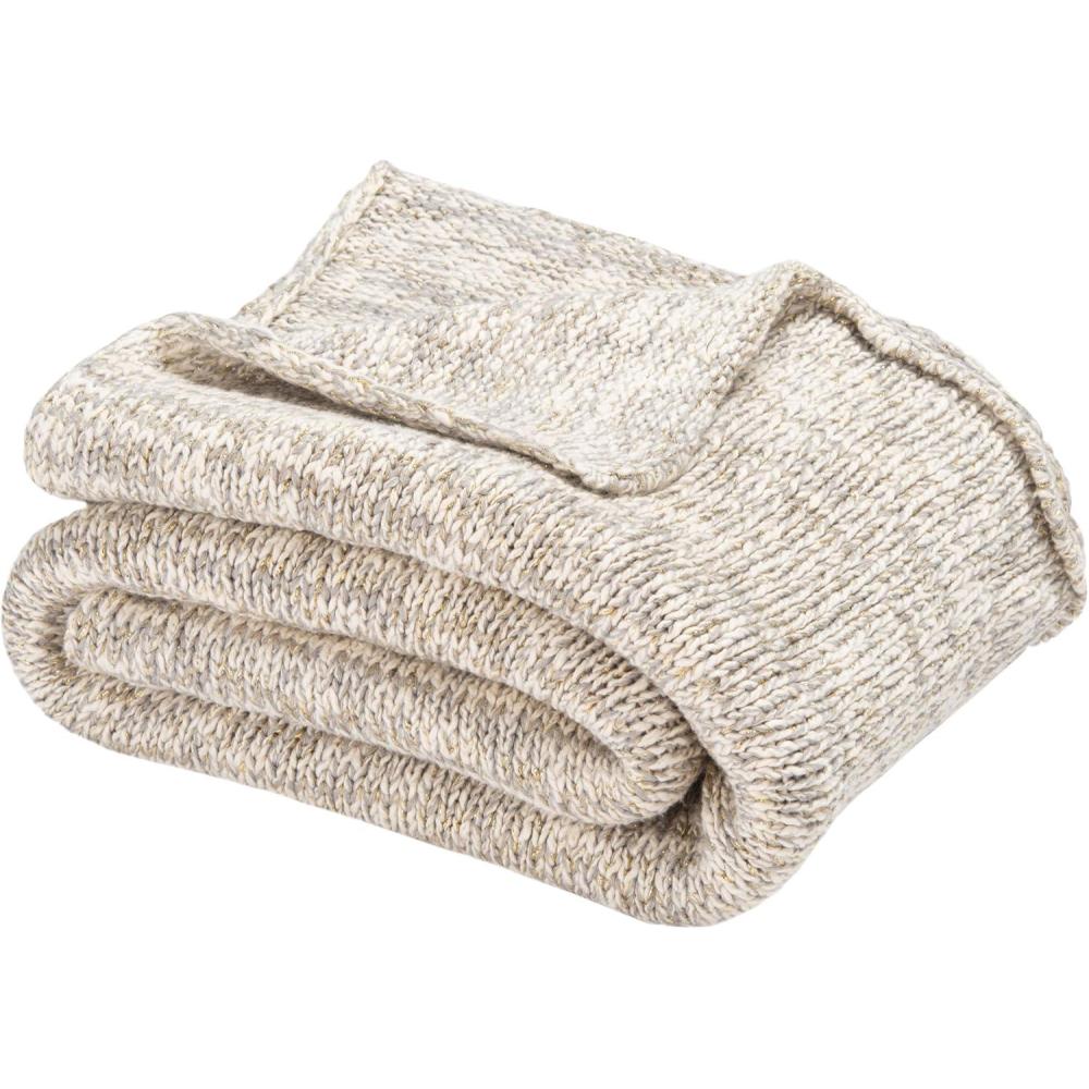 image:imageSAFAVIEH Home Panna Light Grey and Gold 50 x 60inch Knit Blanket Throw