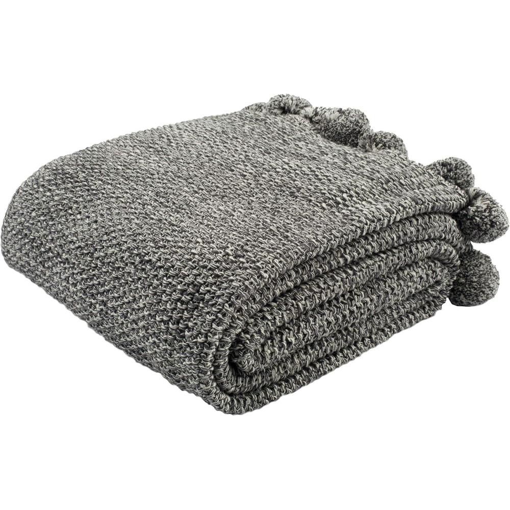 image:imageSAFAVIEH Pom Knit Throw Blanket Dark GreyNatural