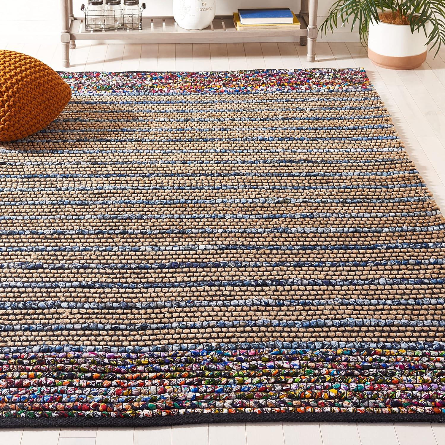 image:imageSAFAVIEH Area Rug 8x10 Cape Cod Collection Large Natural amp Blue Handmade Jute amp Cotton Ideal for Living Room Bedroom Office Dining Space CAP369ANaturalBlue