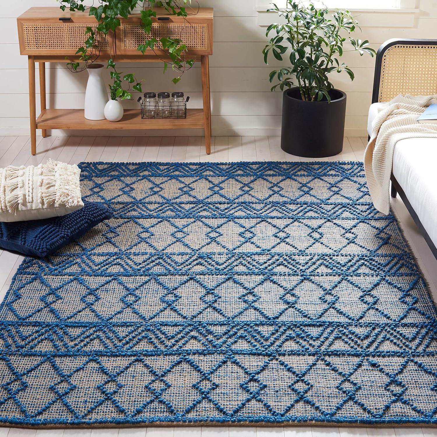 image:imageSAFAVIEH Area Rug 8x10 Natural Fiber Collection Large Blue amp Natural Handmade Flat Weave Jute Boho Moroccan Trellis Pattern Ideal for Living Room Bedroom Dining Space NF221MBlueNatural