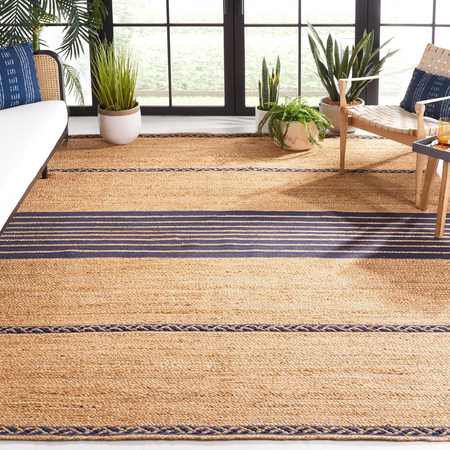 image:imageSAFAVIEH Area Rug 8x10 Natural Fiber Collection Large Natural amp Brown Handmade Braided Jute Stripe Pattern Ideal for Living Room Bedroom Dining Space NFB262TNaturalNavy
