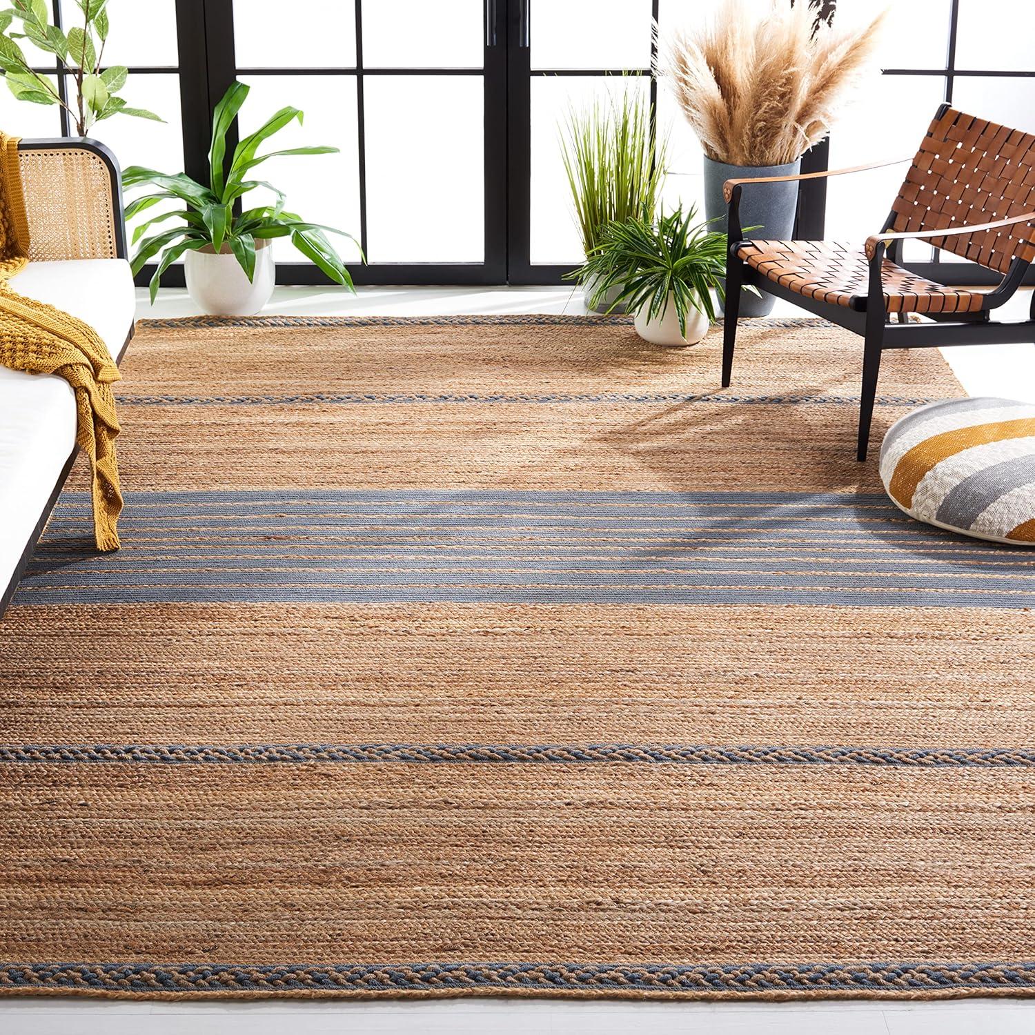 image:imageSAFAVIEH Area Rug 8x10 Natural Fiber Collection Large Natural amp Brown Handmade Braided Jute Stripe Pattern Ideal for Living Room Bedroom Dining Space NFB262TNaturalGrey