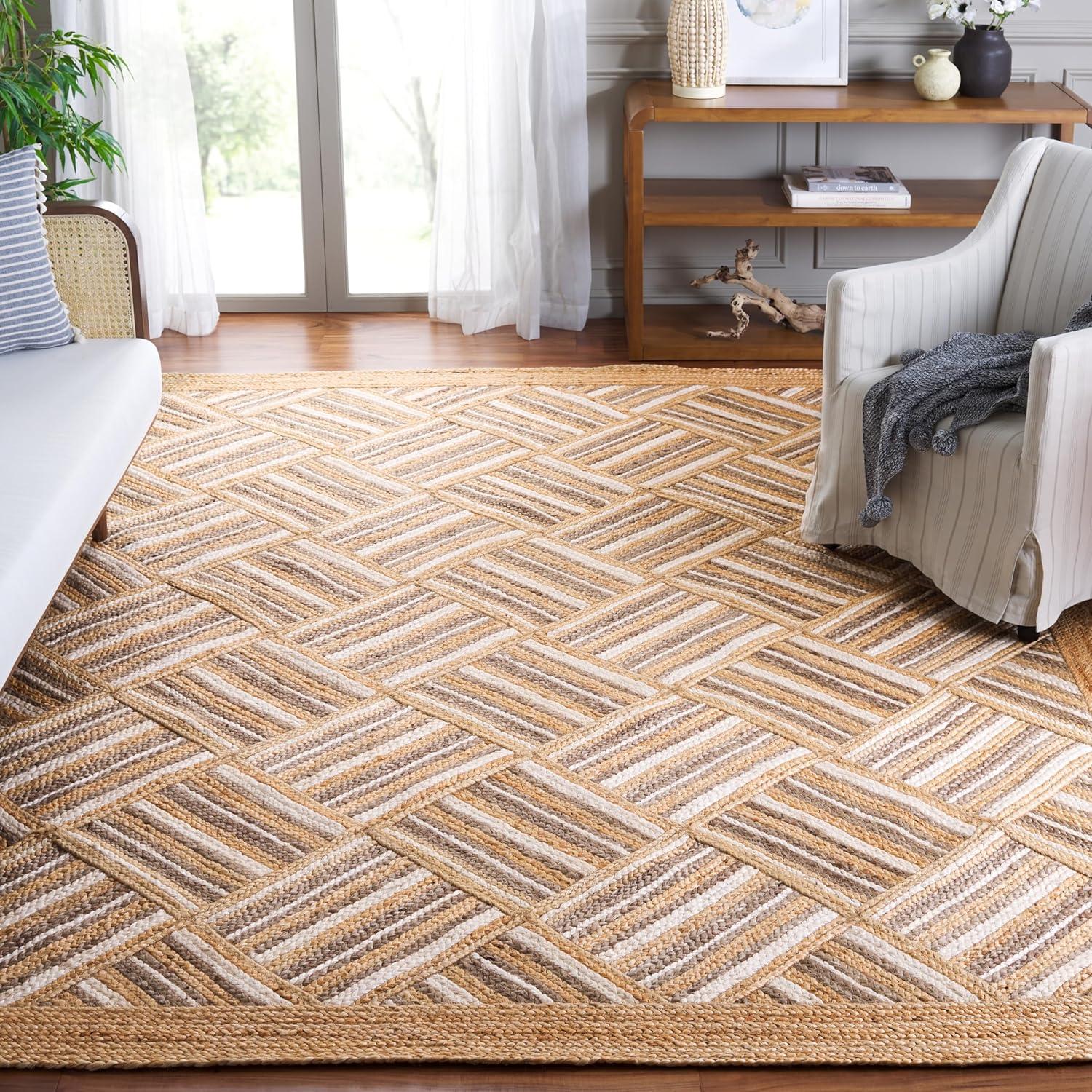 image:imageSAFAVIEH Area Rug 8x10 Natural Fiber Collection Large Natural amp Grey Handmade Jute Rustic Farmhouse Style Ideal for Living Room Bedroom Dining Space NF897ANaturalGrey
