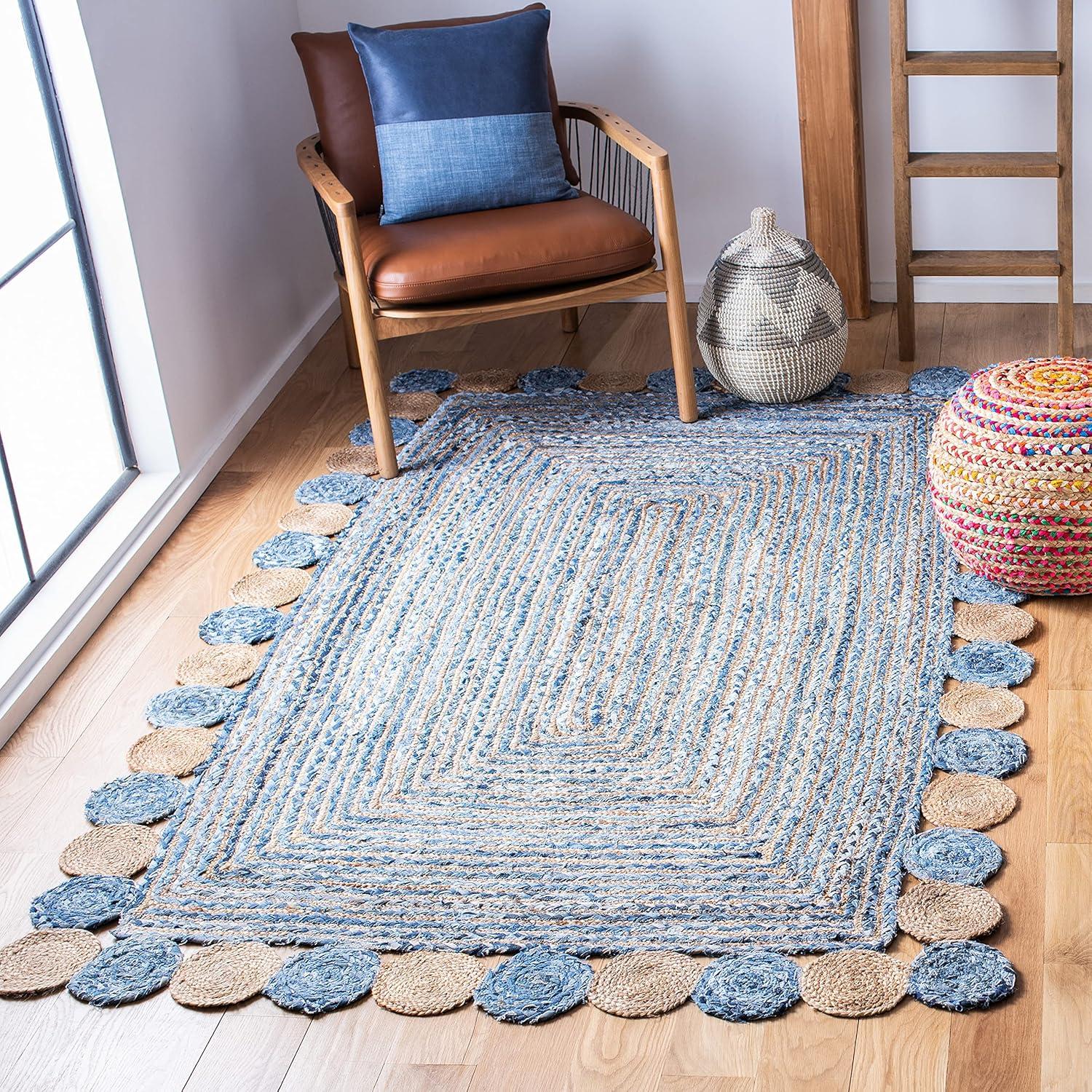 image:imageSAFAVIEH Cape Cod Collection 8 x 10 Green Natural CAP201Y Handmade Boho Braided Jute amp Cotton Living Room Dining Bedroom Area RugBlueBeige