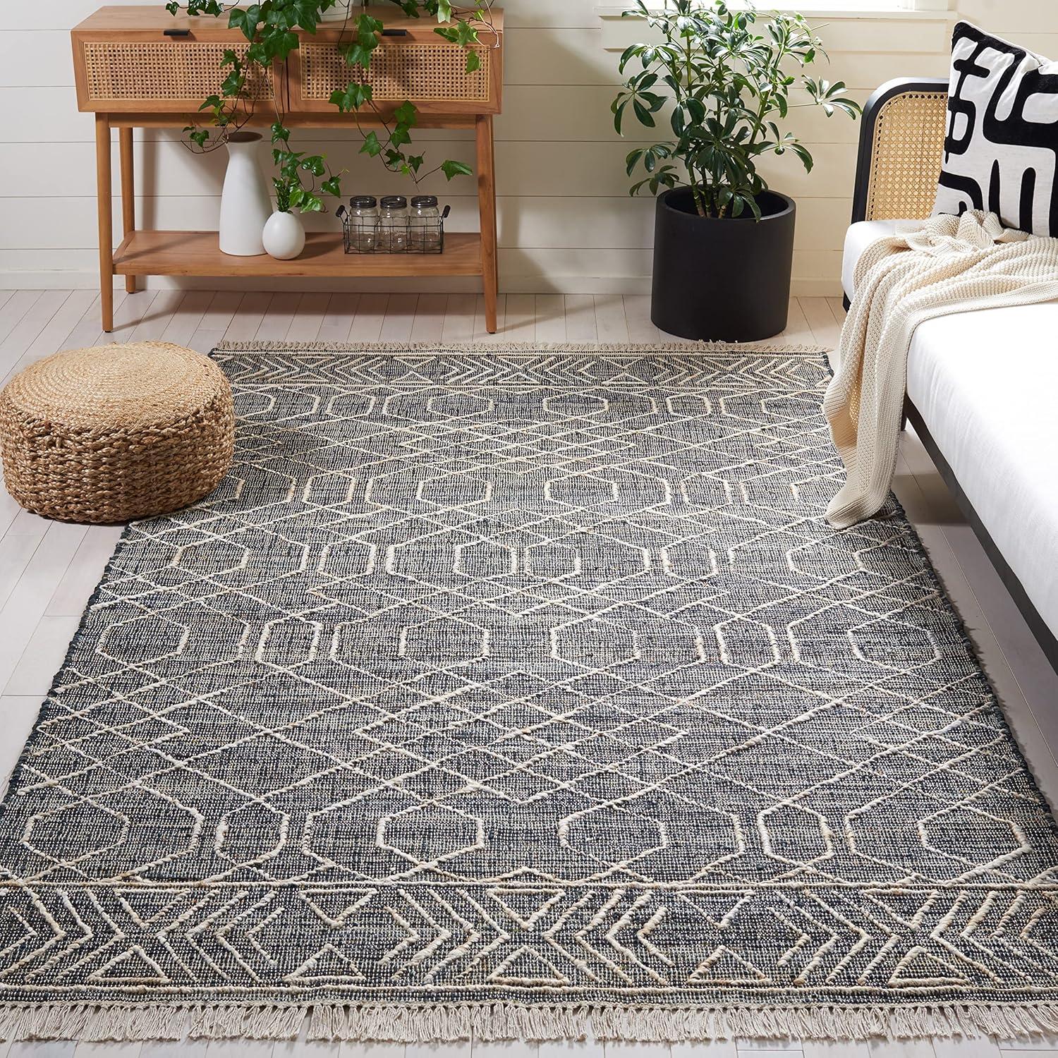 image:imageSAFAVIEH Natural Fiber Collection 8 x 10 BlackIvory NFB406Z Handmade Boho Fringe Jute Living Room Dining Bedroom Area RugBlackIvory