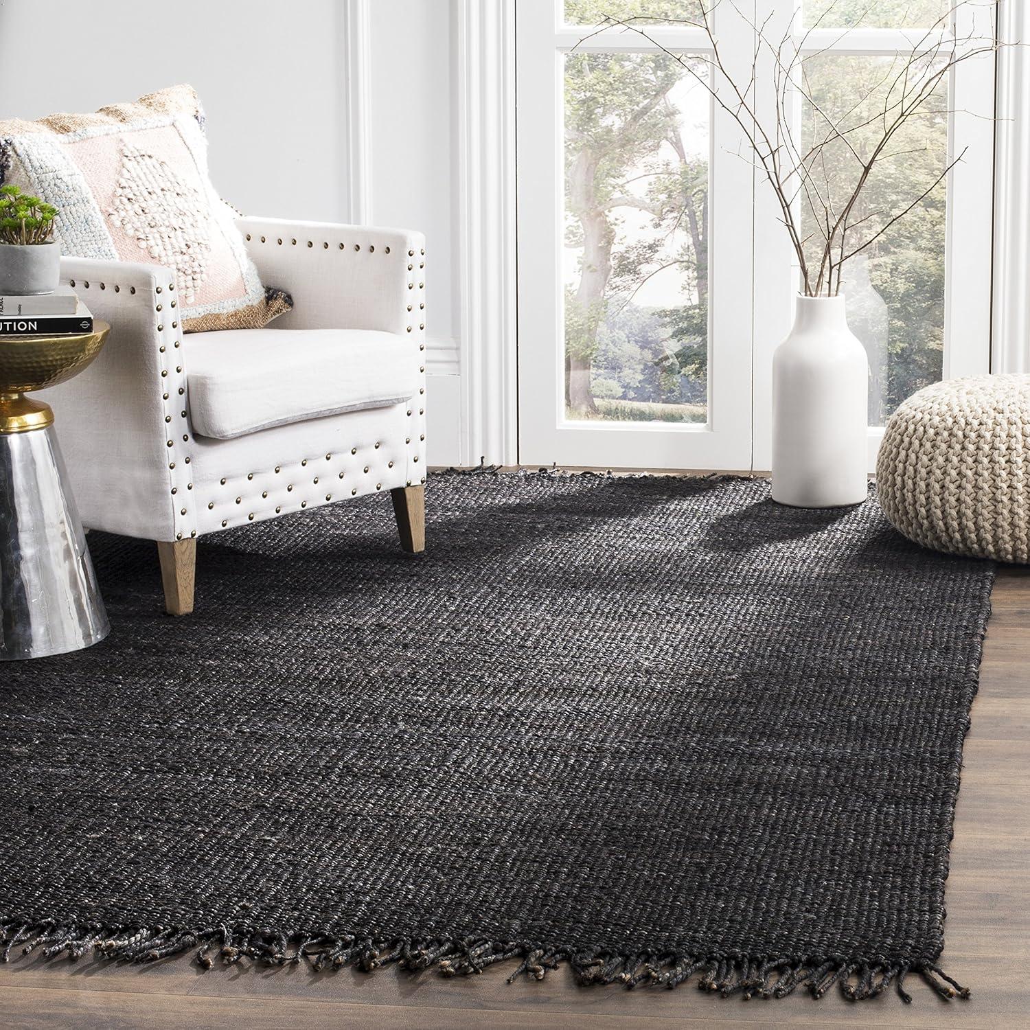 image:imageSAFAVIEH Natural Fiber Collection Area Rug 8 x 10 Blue Handmade Boho Fringe Woven Jute Ideal for High Traffic Areas in Living Room Bedroom NF368EBlack