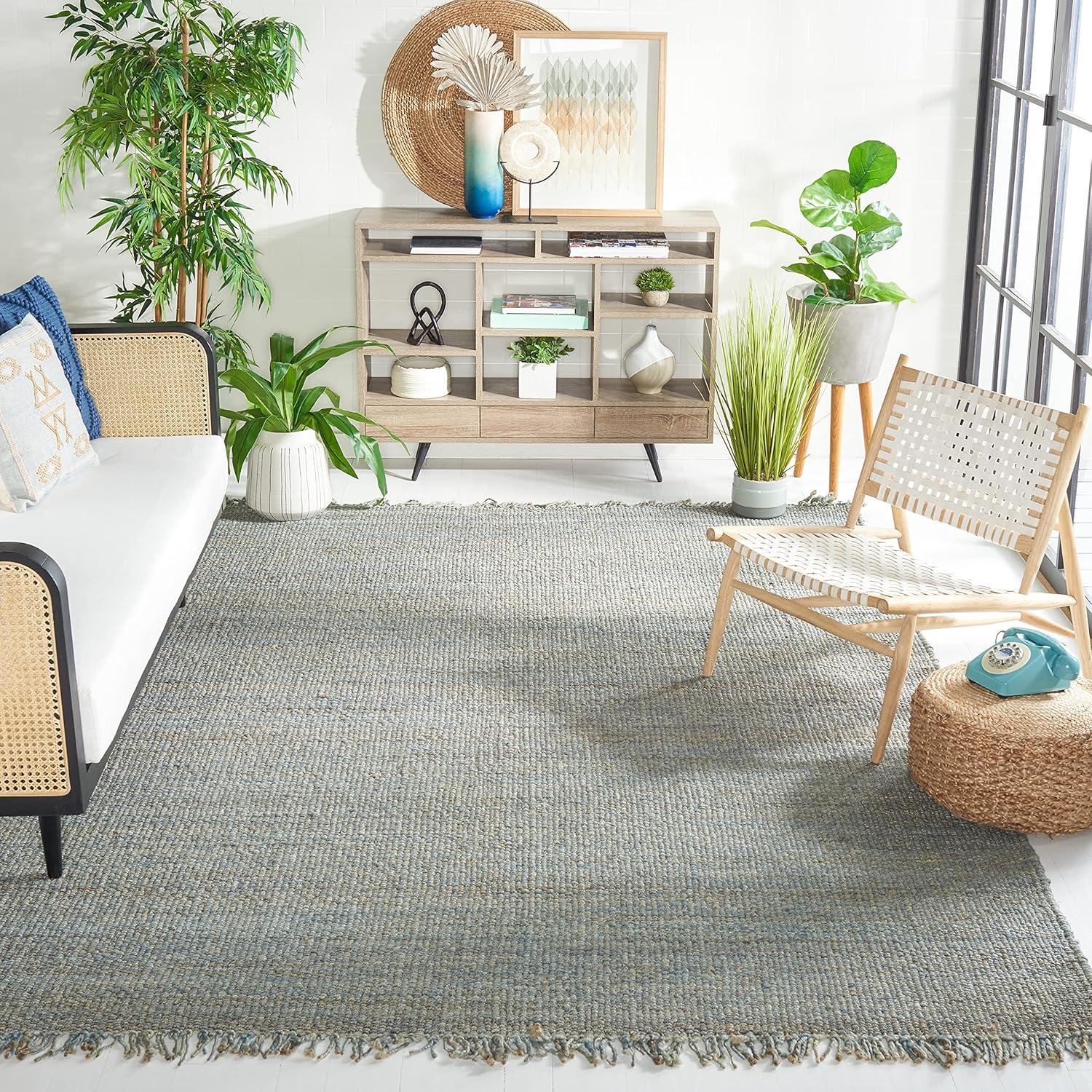 image:imageSAFAVIEH Natural Fiber Collection Area Rug 8 x 10 Blue Handmade Boho Fringe Woven Jute Ideal for High Traffic Areas in Living Room Bedroom NF368EBlue