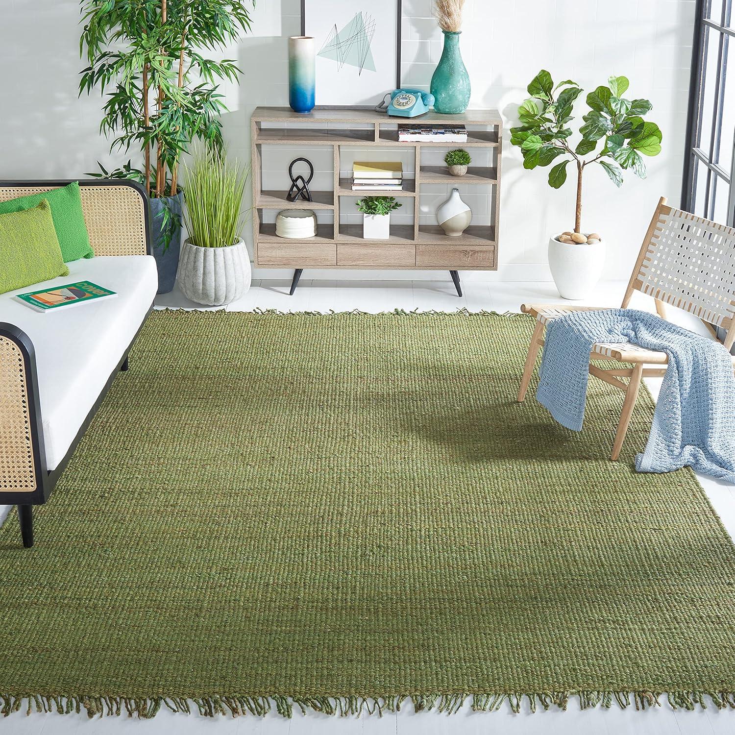 image:imageSAFAVIEH Natural Fiber Collection Area Rug 8 x 10 Blue Handmade Boho Fringe Woven Jute Ideal for High Traffic Areas in Living Room Bedroom NF368EGreen