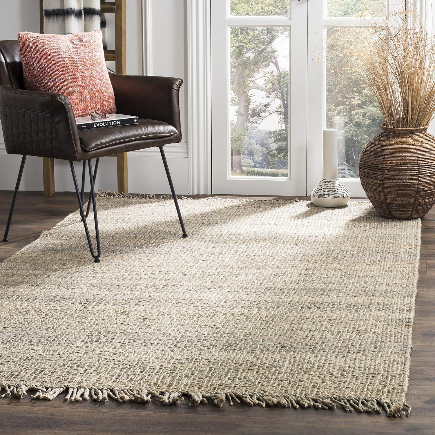 image:imageSAFAVIEH Natural Fiber Collection Area Rug 8 x 10 Blue Handmade Boho Fringe Woven Jute Ideal for High Traffic Areas in Living Room Bedroom NF368EGrey