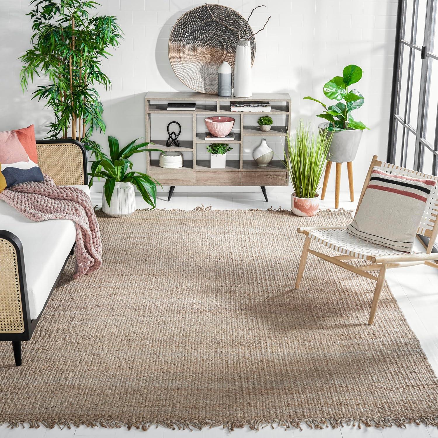 image:imageSAFAVIEH Natural Fiber Collection Area Rug 8 x 10 Blue Handmade Boho Fringe Woven Jute Ideal for High Traffic Areas in Living Room Bedroom NF368EGrey