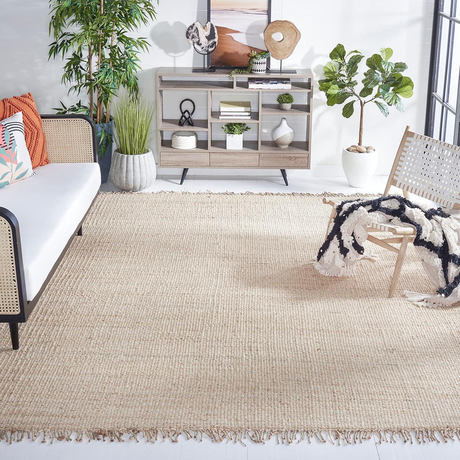 image:imageSAFAVIEH Natural Fiber Collection Area Rug 8 x 10 Blue Handmade Boho Fringe Woven Jute Ideal for High Traffic Areas in Living Room Bedroom NF368EIvory