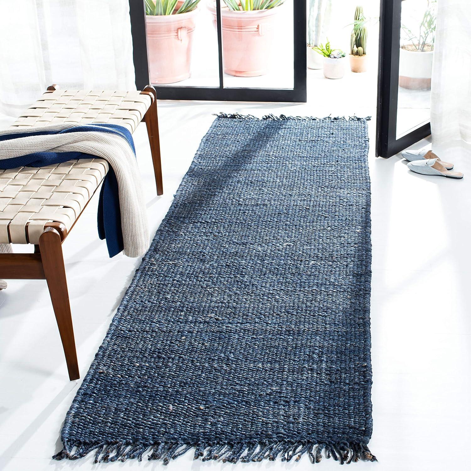 image:imageSAFAVIEH Natural Fiber Collection Area Rug 8 x 10 Blue Handmade Boho Fringe Woven Jute Ideal for High Traffic Areas in Living Room Bedroom NF368ENavy