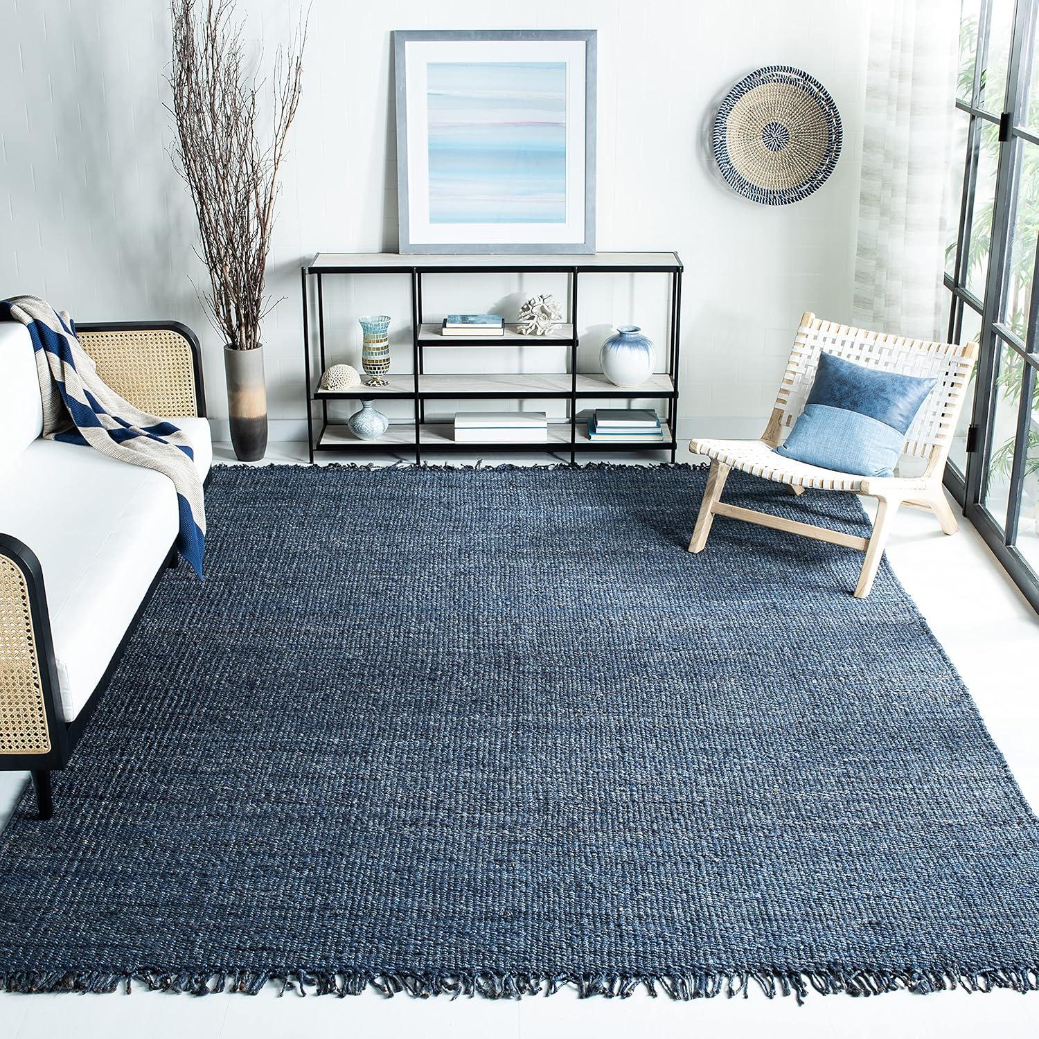 image:imageSAFAVIEH Natural Fiber Collection Area Rug 8 x 10 Blue Handmade Boho Fringe Woven Jute Ideal for High Traffic Areas in Living Room Bedroom NF368ENavy