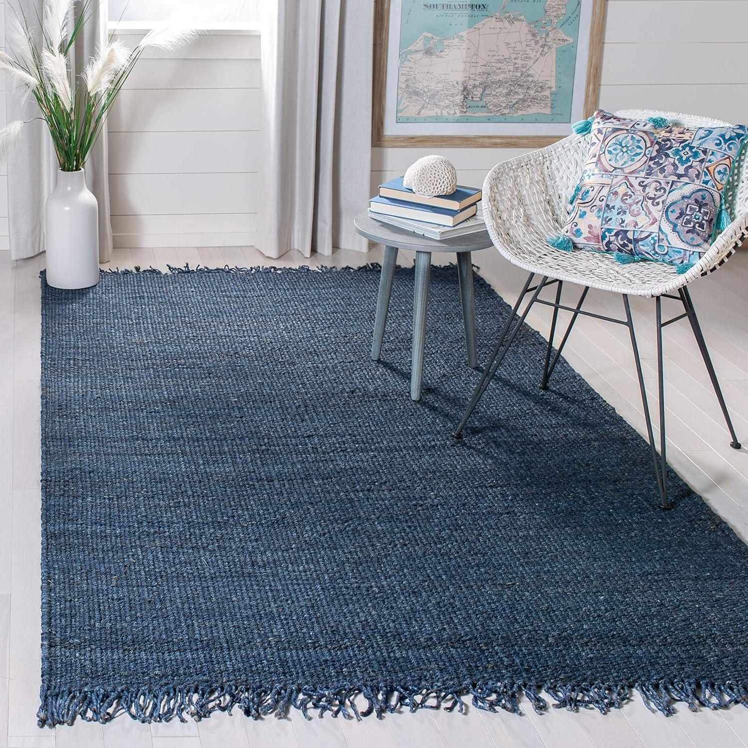 image:imageSAFAVIEH Natural Fiber Collection Area Rug 8 x 10 Blue Handmade Boho Fringe Woven Jute Ideal for High Traffic Areas in Living Room Bedroom NF368ENavy