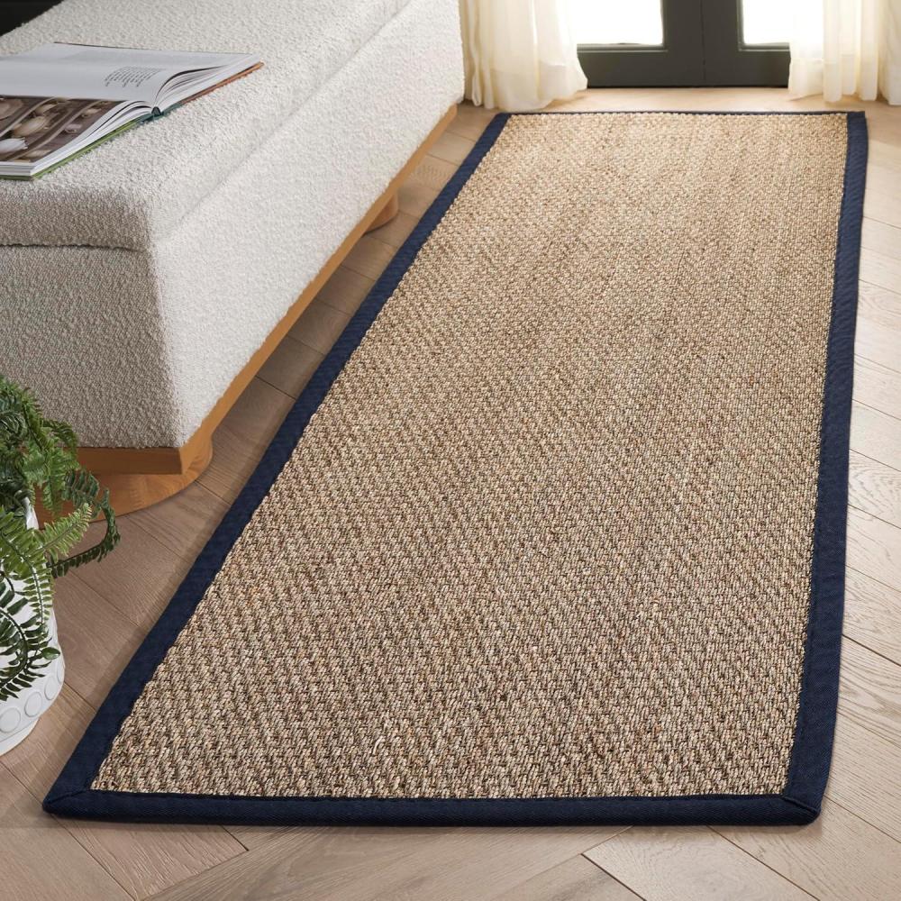 image:imageSAFAVIEH Area Rug 8x10  Natural Fiber Collection  Large  Natural amp Ivory Seagrass Ideal for Living Room Bedroom Dining Space NF111JNaturalNavy Blue
