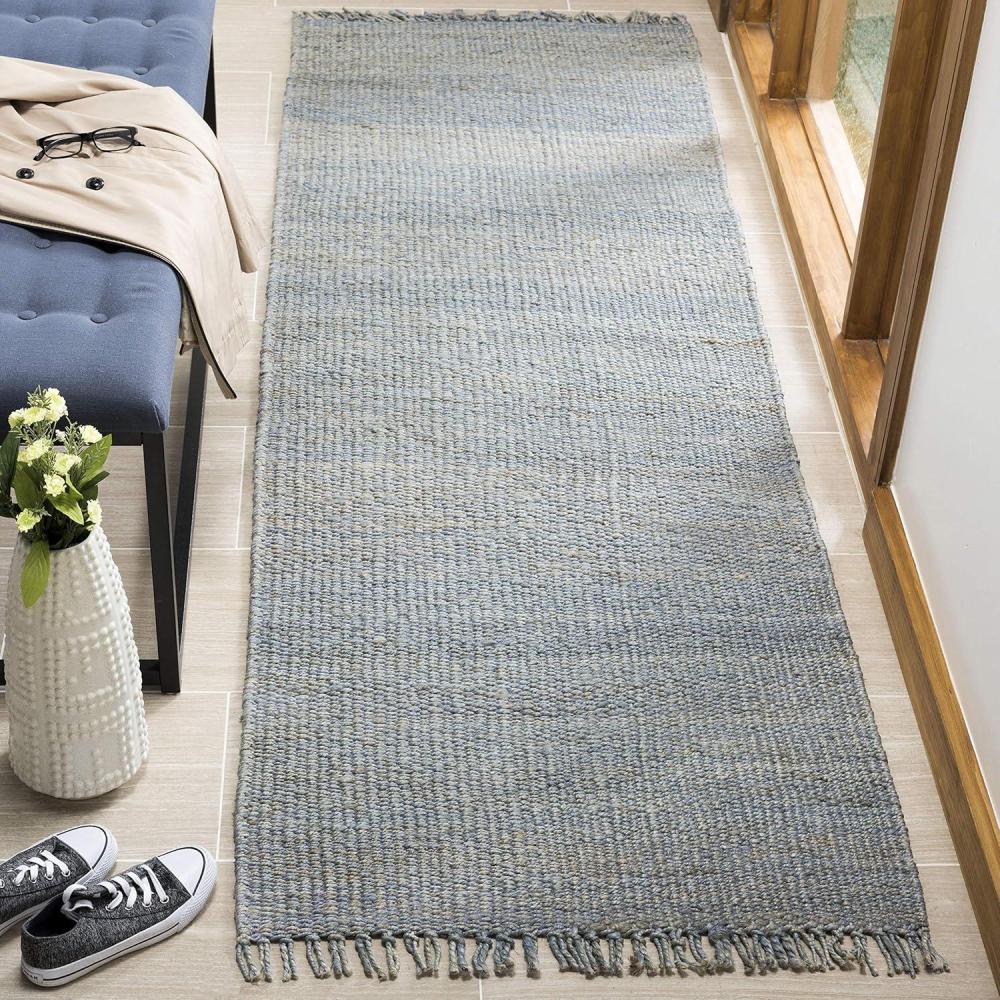 image:imageSAFAVIEH Natural Fiber Collection Area Rug 8 x 10 Blue Handmade Boho Fringe Woven Jute Ideal for High Traffic Areas in Living Room Bedroom NF368EBlue