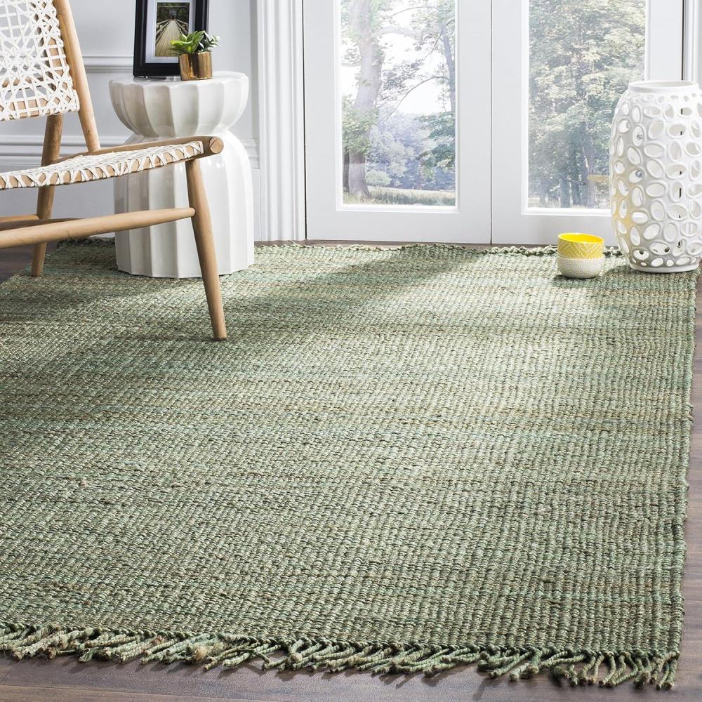 image:imageSAFAVIEH Natural Fiber Collection Area Rug 8 x 10 Blue Handmade Boho Fringe Woven Jute Ideal for High Traffic Areas in Living Room Bedroom NF368EGreen