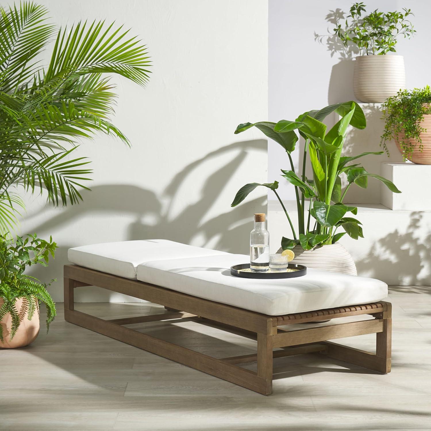 image:imageSAFAVIEH Couture Outdoor Collection Saint Vincent NaturalBeige Cushion Solid Wood Chaise Lounge Chair