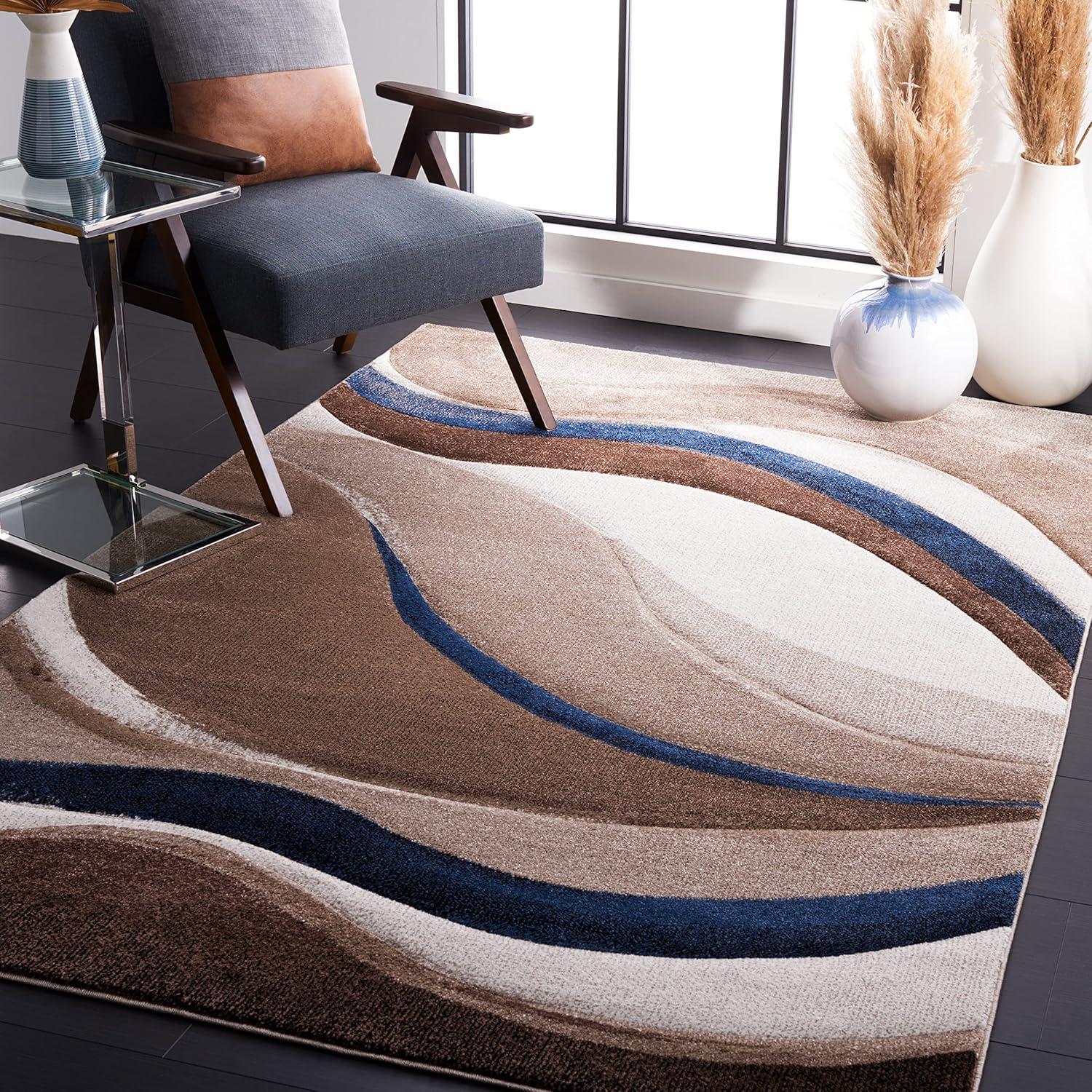 image:imageSAFAVIEH Hollywood Collection Area Rug 53 x 76 Grey amp Blue MidCentury Modern Design NonShedding amp Easy Care Ideal for High Traffic Areas in Living Room Bedroom HLW766FBeigeBlue